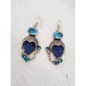 Sterling Silver Balinese Goddess Blue Face Topaz Statement Earrings